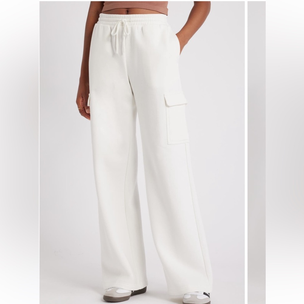 Elastic Waist Wide Leg Fleece Cargo Pants Size L dark blue